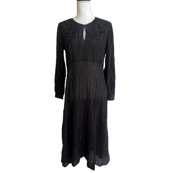 JOHNNY WAS Calme Mirah Black Gold Midi Dress Long Slv Embroidered Boho Sz S - Picture 1 of 5